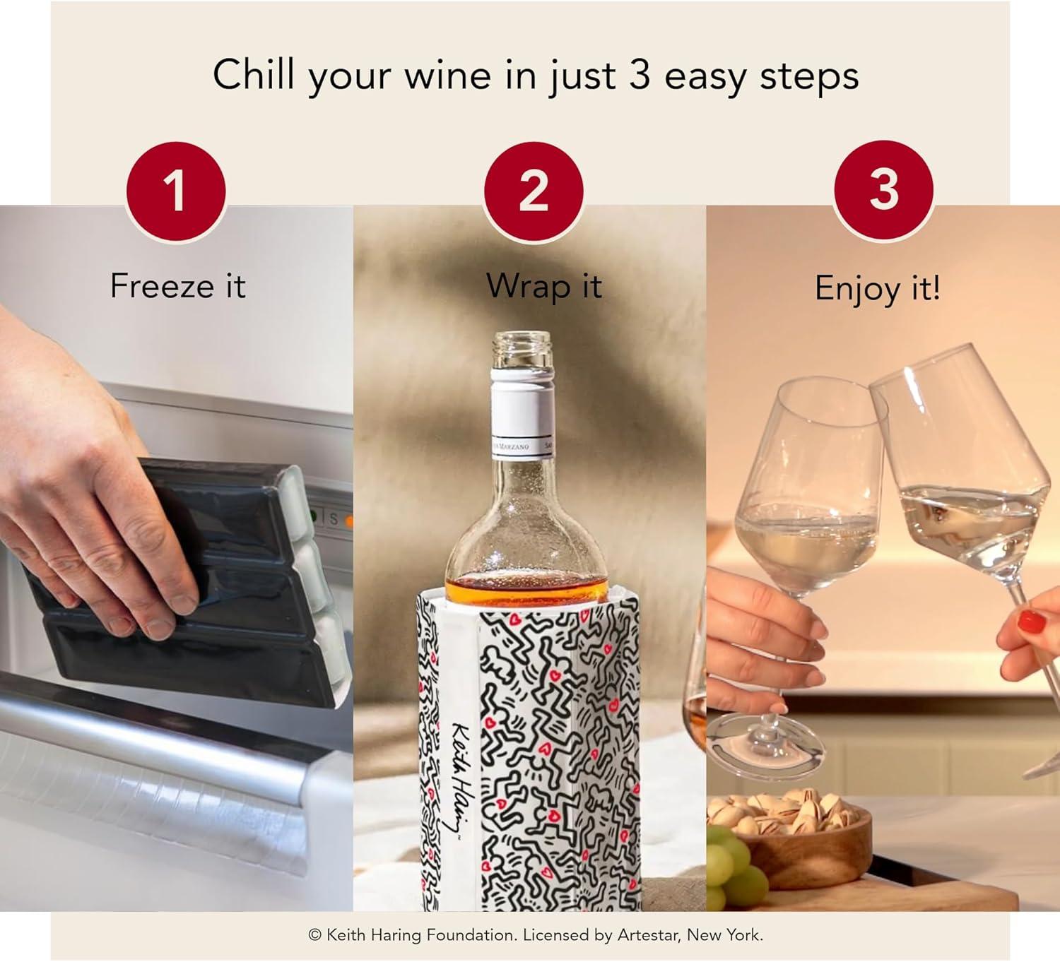 imageVacu Vin Wine Cooler Sleeve  Platinum  Flexible Rapid Wine Bottle Chiller  Reusable Ice Pack Sleeve  Elegant ampamp Portable  Fits 750ml Bottles  Keeps Wine Cold in MinutesKeith Haring Edition