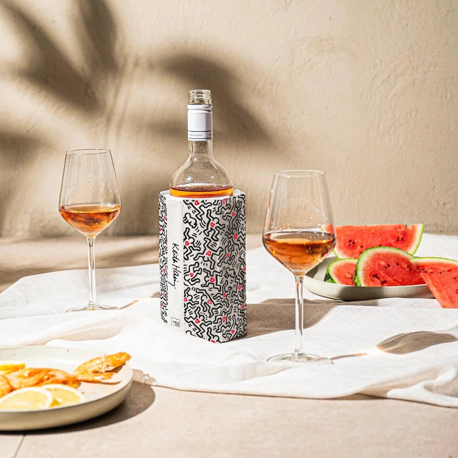 imageVacu Vin Wine Cooler Sleeve  Platinum  Flexible Rapid Wine Bottle Chiller  Reusable Ice Pack Sleeve  Elegant ampamp Portable  Fits 750ml Bottles  Keeps Wine Cold in MinutesKeith Haring Edition