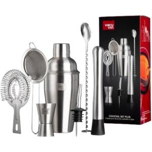 imageVacu Vin Cocktail Set Plus  7Piece Bartender Kit with Stainless Steel Tools  Includes Shaker Jigger Muddler Strainer Pourer Sieve and Bar Spoon  Dishwasher Safe Home Bar Set