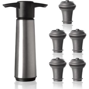 imageVacu Vin Wine Saver Pump with 1 Vacuum Stopper  Stainless Steel Airtight Seal for Preserving Freshness Up to 10 Days  Reusable Leakproof and Easy to Use for Opened BottlesStainless Steel Pump  5 Stoppers
