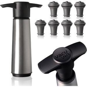 imageVacu Vin Wine Saver Pump with 1 Vacuum Stopper  Stainless Steel Airtight Seal for Preserving Freshness Up to 10 Days  Reusable Leakproof and Easy to Use for Opened BottlesStainless Steel Pump  7 Stoppers
