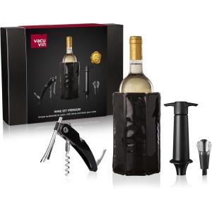imageVacu Vin Wine Set Original  4pc Wine MustHaves to Open Serve Chill and Preserve Your Wine  Includes Double Hinged Corkscrew  Active Cooler Wine  Wine Server Crystal and Bottle Stopperstandard